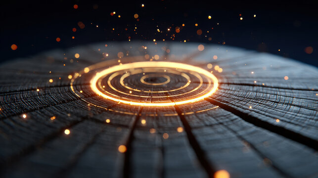 Glow circle wood texture ring spark abstract magic Longivity feels eternal on glowing circle over wood, warm spark dance evoke wonder and calm