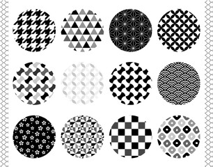 シームレスな和柄モノクロパターンセット 日本の伝統文様背景素材