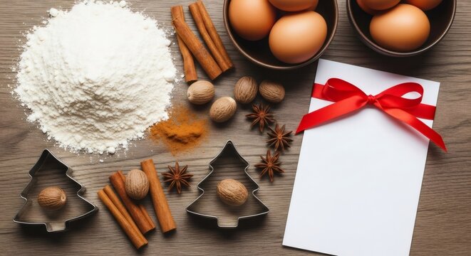 Christmas baking ingredients setup. Flour, eggs, warm spices, and a blank recipe card with a red bow, ready for festive cookie preparation.