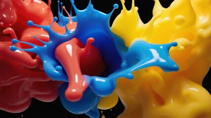 High-speed macro shot of a creative explosion of colorful paint. Red, blue and yellow splashes collide in slow motion on a black background - Powered by Adobe