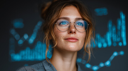 Businesswoman Reviewing Holographic Customer Engagement Charts