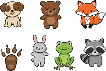 Cute cartoon animals dog bear fox rabbit raccoon frog paw illustration, kawaii pet mascot design, adorable kids animal character clipart art