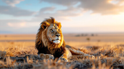 Majestic Lion's Gaze: A regal male lion surveys the vast savanna landscape, basking in the golden light of dawn, a symbol of power and freedom.