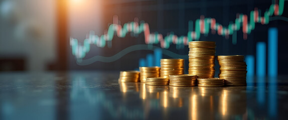 Stacked Gold Coins Reflecting on Table with Financial Stock Market Graph Background - Ideal Photo Stock Concept with Empty Space