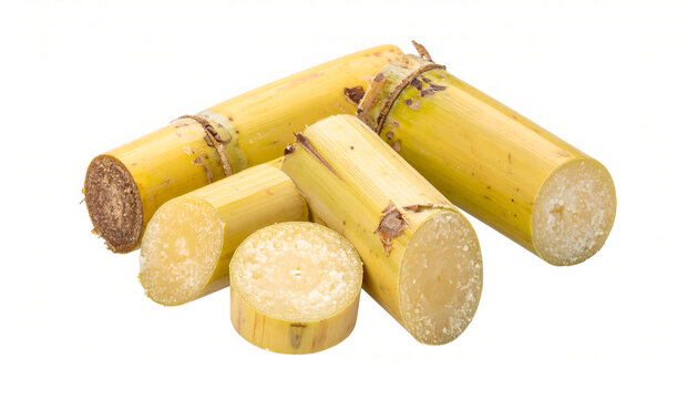 Fresh sugarcane slices isolated on white background macro photography