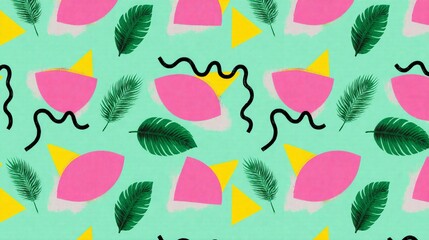 Vibrant abstract tropical pattern with colorful shapes and green leaves on mint background