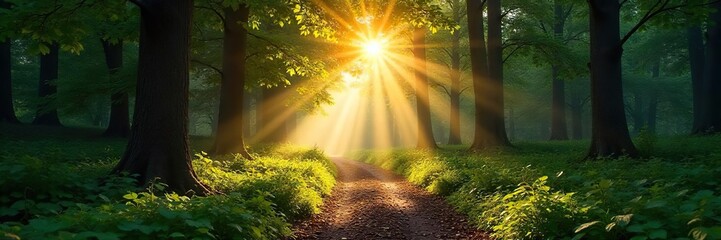 Obraz premium Serene forest scene at dawn, sunlight filtering through leaves, illuminating a tranquil path Perfect for nature documentaries, travel blogs, or peaceful backgrounds , landscape, natural, mystical
