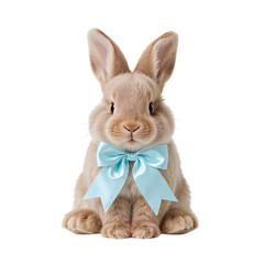 Fototapeta premium Easter bunny with pastel blue bow isolated sitting on white background 