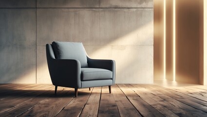 Single armchair in modern interior with wooden floor and lighting. Modern furniture, interior design, minimalism. Comfortable seating and stylish decor.