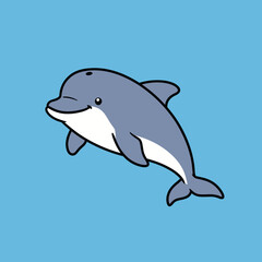Fototapeta premium Cartoon Dolphin with Smiling Expression, Grey and White Body, Black Outlines.