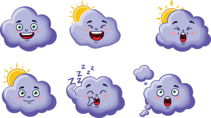Cute cartoon cloud characters with different facial expressions, funny weather cloud emotions, happy sleepy surprised clouds, sun behind clouds illustration