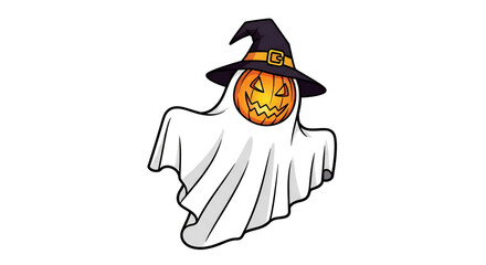 A whimsical cartoon ghost character with a carved pumpkin head wearing a witch's hat.