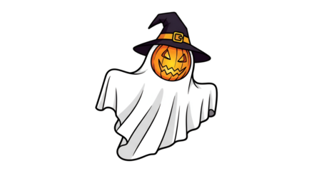 A whimsical cartoon ghost character with a carved pumpkin head wearing a witch's hat.