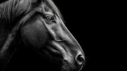 Majestic black horse portrait captured against a dark backdrop showcasing unique features and elegance