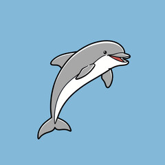 Obraz premium Cartoon Dolphin Leaping, Gray and White with Open Mouth, Outlined in Black.