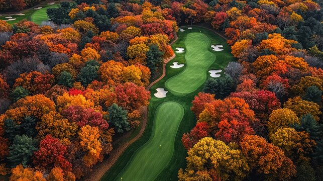 Aerial view of a golf course surrounded by vibrant autumn foliage.