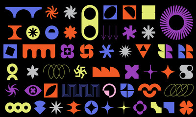 Vector set of brutalist geometric shapes. Trendy abstract minimalist figures, stars, flowers, circles. Modern abstract graphic design elements.