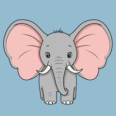 Naklejka premium Adorable gray baby elephant cartoon with large pink ears and small white tusks.