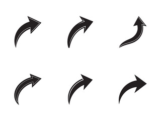 Arrow Vector Set with Six Different Curving and Pointing Styles Indicating Direction on White Background