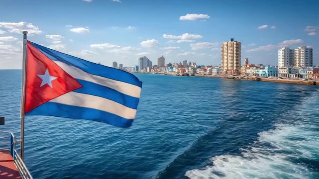 Cuban flag flutters in the wind, reflecting national pride along the vibrant coast of Havana on Independence Day.