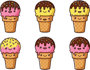 Cute cartoon ice cream cones with smiling faces, kawaii dessert illustration, chocolate topping, colorful sprinkles, sweet summer food, isolated background