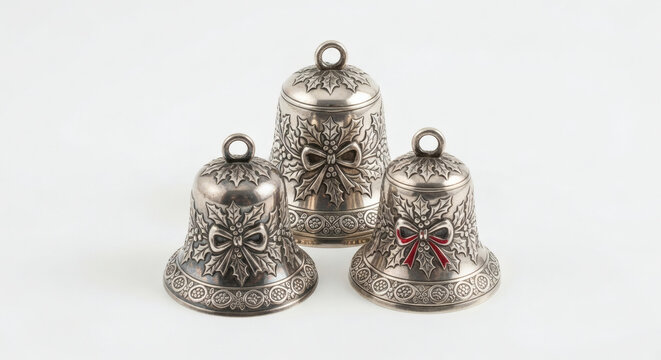 Three Silver Bells with Holly and Ribbon Decorations on a Clean White Background - Powered by Adobe