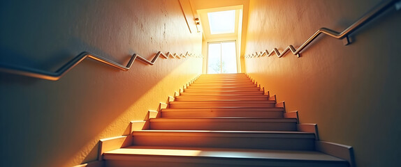 Visualize Your Future Career: Conceptual Photograph of an Illuminated Staircase Leading to a Bright Office Corridor, Symbolizing Ambition and Forward Momentum - Stock Photo with Space for Text