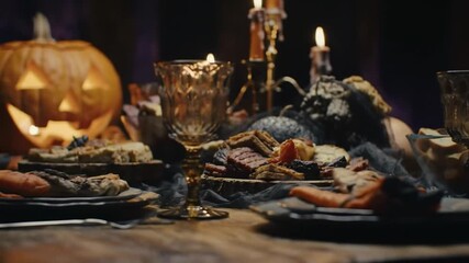 Spooky Halloween dinner party with a glowing jack-o'-lantern and candlelight creating a mysterious atmosphere on a lavishly set table