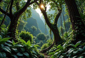 vines wrapping around jungle trees, creating hiding spots for birds and reptiles, cinematic photorealistic wide shot capturing ecological importance vividly