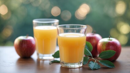 Fototapeta premium Two glasses of orange juice with apples and green leaves on a wooden surface, outdoors, in natural light.