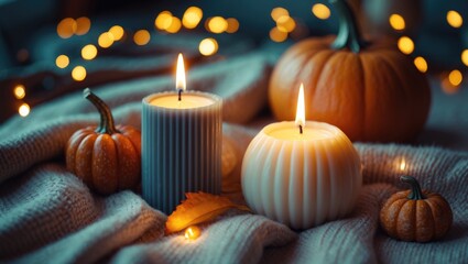 Candles and pumpkins on a cozy blanket for autumn or Halloween celebration.