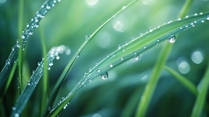 Detailed shot of dewdrops on green grass fresh and glos