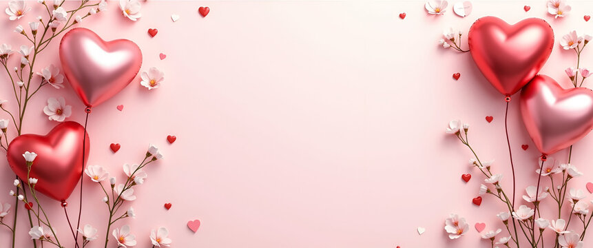Elegant Heart Balloons and Floral Border Frame for Valentine's Day - Stylish Copy Space for Romantic Messages in Photo Stock Concept with Empty Left Side