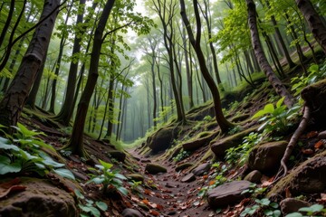 Obraz premium dense forest with vines wrapping tree trunks, reducing soil erosion and stabilizing slopes, cinematic photorealistic wide shot showcasing ecological role vividly