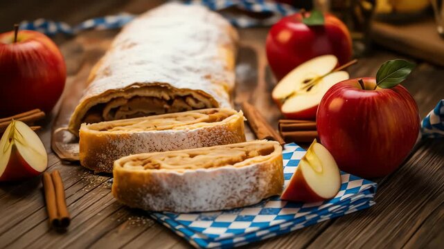 Apple strudel and red apples dusted with powdered sugar on a wooden table