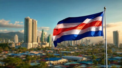 Costa Rica flag flutters in the wind, symbolizing national pride on Independence Day amid a vibrant city backdrop.