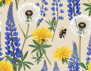 Floral pattern of dandelions and lupines with a bee