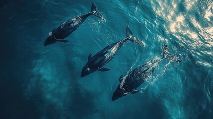 Obraz premium Drone perspective of a whale pod in deep blue ocean