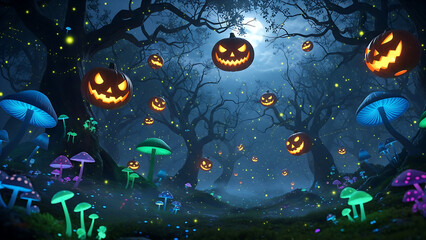 Enchanting halloween forest with glowing pumpkins and mushrooms