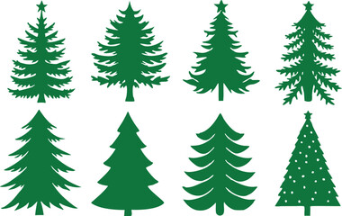 Vector Christmas trees set with festive winter forest and holiday decorations