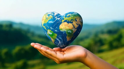 Hand holding a heart-shaped globe, symbolizing care and environmental protection against a vibrant green landscape.