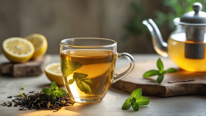 A cup of tea with lemon slices, fresh mint, and a teapot, on a wooden surface. Herbal tea and brewing concept. Natural remedies and tea preparation.