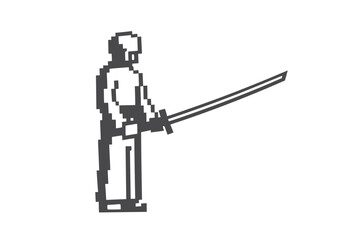 Pixelated Man with Katana in Retro Style on White Background