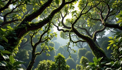 creeping vines draping forest canopy, creating shaded microhabitats and food sources, cinematic photorealistic wide shot showcasing ecological importance vividly rendered