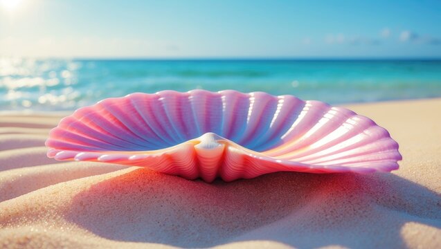 Pink shell on sandy beach with ocean and sky in background.