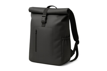 Modern black roll top backpack isolated on transparent background