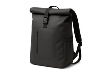 Modern black roll top backpack isolated on transparent background