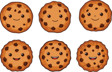 Cute chocolate chip cookies with kawaii cartoon faces, happy dessert illustration, adorable sweet snack design, smiling biscuit art, bakery clipart
