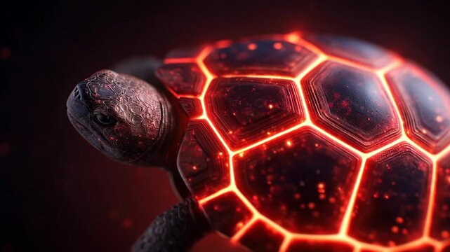 Futuristic turtle, neon shell glow, cyber red in dark fantasy reptile longivity glows calmly, macro aura echoes with surreal focus