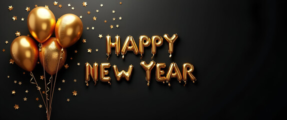 Gold Happy New Year 2026 message balloons on a black background with decoration party. symbolizes the start of the new year. concept as Gold Happy New Year 2026 message on balloons with party decorati